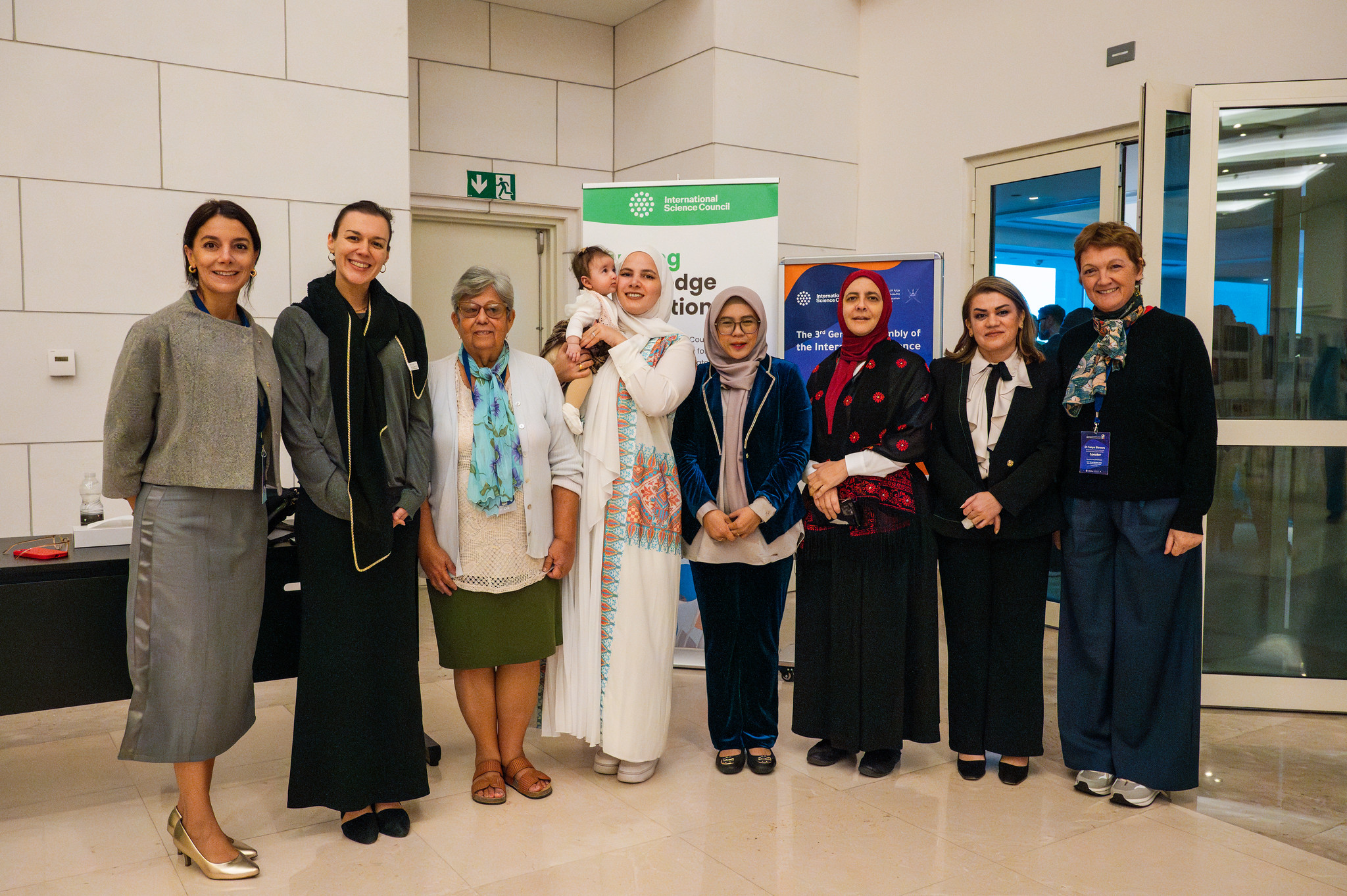 Group picture. From left: Carolina Santacruz Pérez - Chair of OWSD Colombia NC; Giulia Signori, OWSD; Isneri Talavera Bustamant, Vice-President of the Cuban National Academy of Science; Haneen Dwaib, OWSD Awardee from Palestine and daughter; Sri Fatmawati, Chair of OWSD Indonesia National Chapter; Rana Dajani, Chair of OWSD Jordan National Chapter; Paiman Ahmad, Chair of OWSD Iraq National Chapter; and Tonya Blowers, OWSD Programme Coordinator. (Photo: G.Ortolani/TWAS).