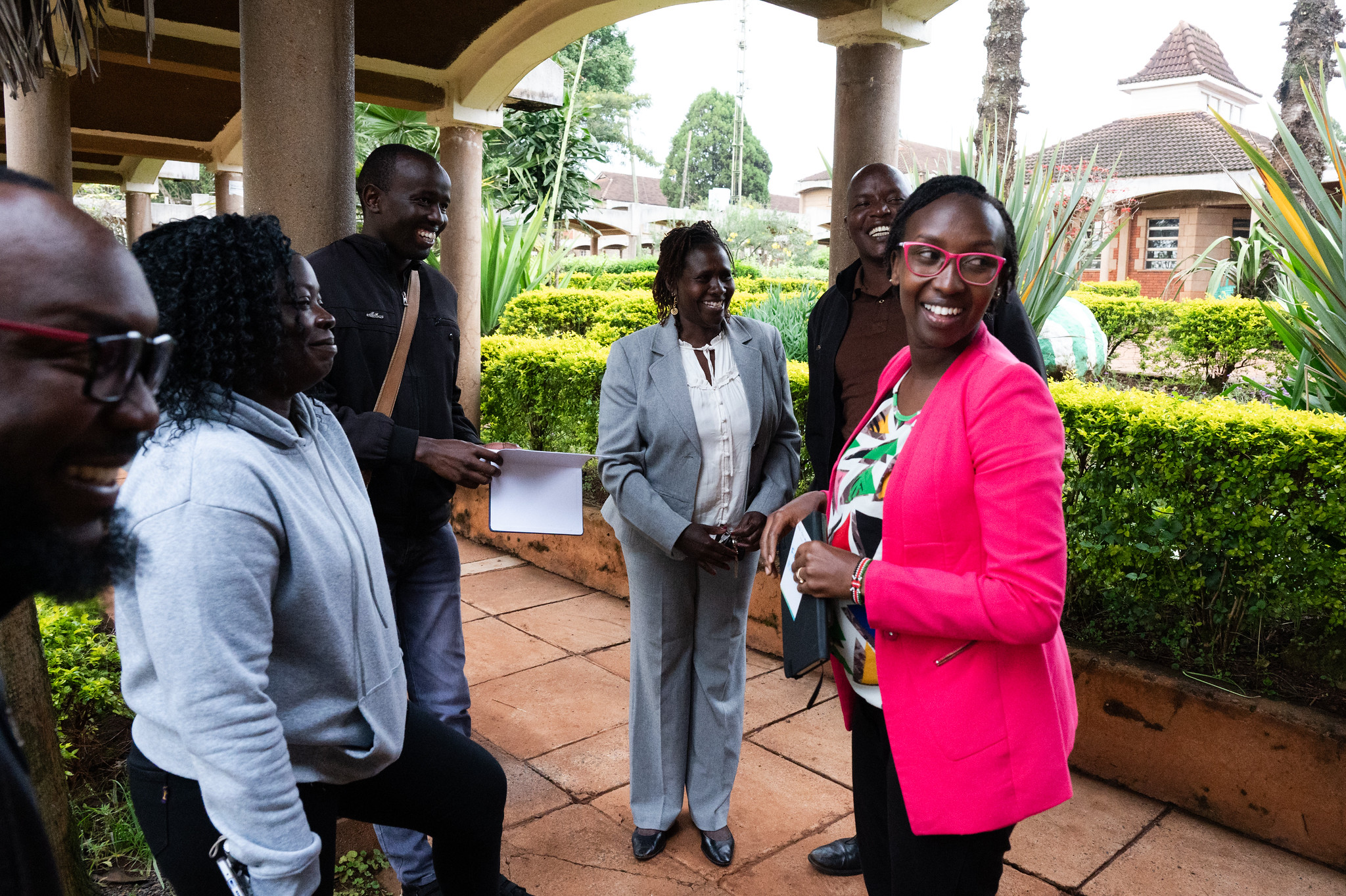 Students at Moi University with SG‑NAPI grantees Viola Jepchumba Kosgei (centre left), a researcher at the Department of Chemistry and Biochemistry of Moi Univerisyt, Eldoret, and Faith Kandie (centre left), a water quality researcher at the School of Sciences and Aerospace Studies.