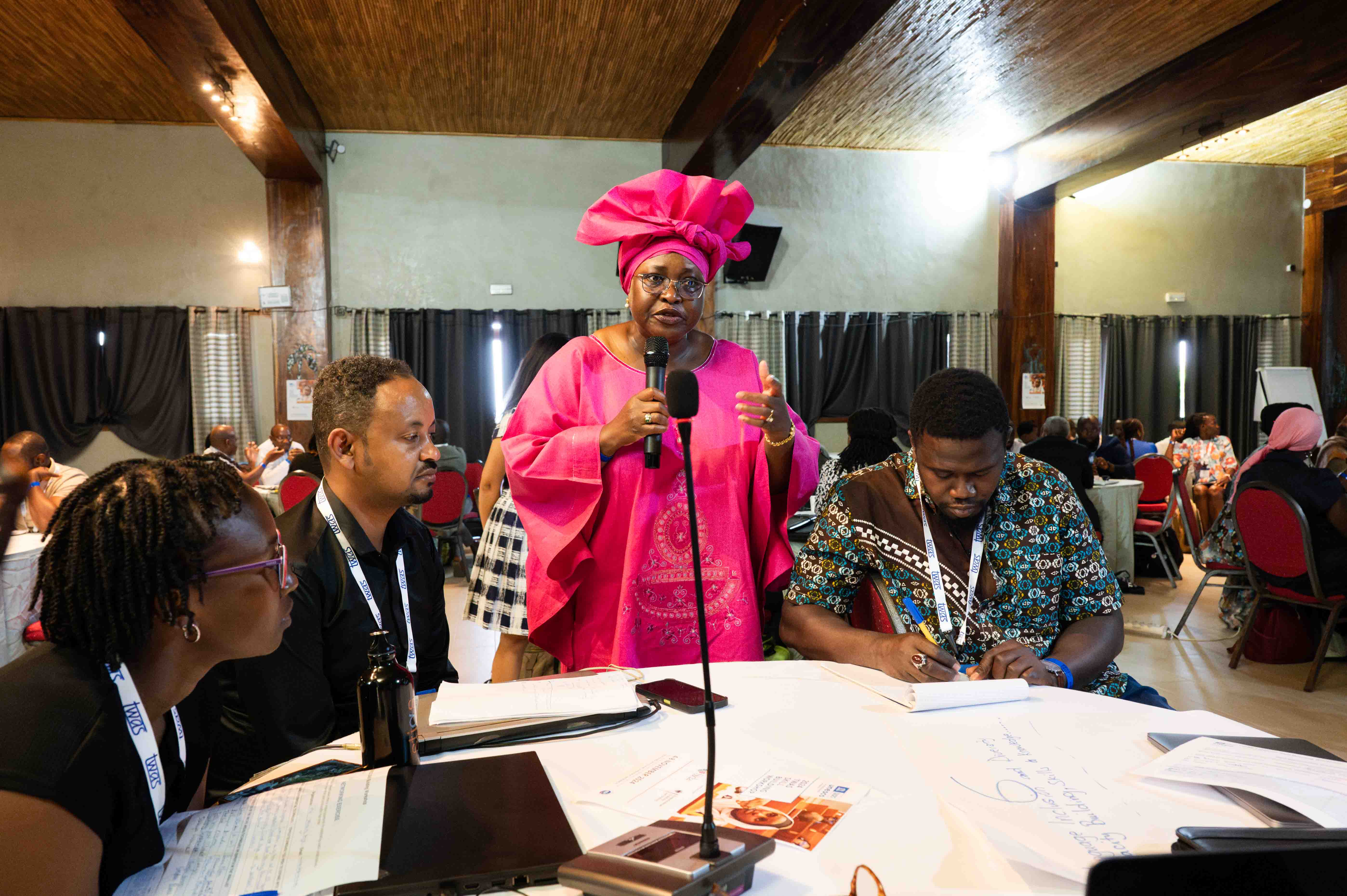 From left: Faith Jebiwot Kandie, SG-NAPI Grantee, Moi University, Eldoret, Kenya; Alemayehu Abate Shawul, SG-NAPI Grantee, Madda Walabu University, Robe, Ethiopia; Elizabeth Rasekoala (speaking), President of The Pan-African Network for the Popularization of Science & Technology and Science Communication (African Gong); and Moustapha Dieye, Research Grantee, École Polytechnique de Thiès, Thies, Senegal. (Photo: G. Ortolani/TWAS)