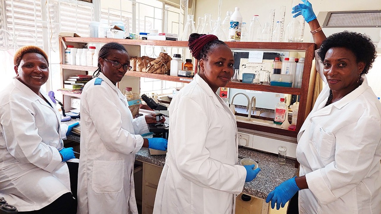 One of the project grant team leaders, Esther Gathoni Kanduma of Kenya (far left), with colleagues in her lab. [Photo provided]