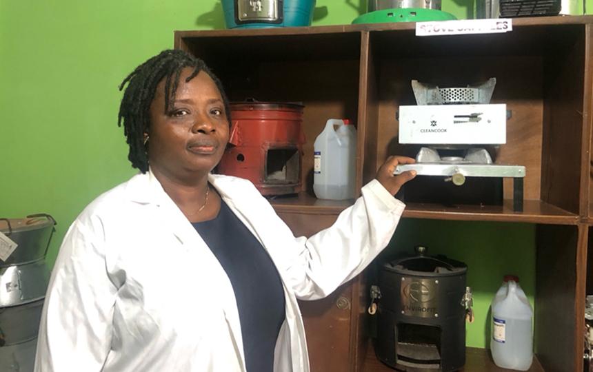 Ghanaian chemist and project grantee Trinity Tagbor with samples of cooking stoves for testing. [Photo provided]