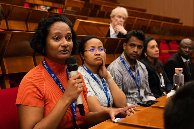 From left: Vandhna Kumar, of Fiji Islands, Researcher, Student Advisor - Pacific; Rondrotiana Barimalala of Madagascar, Senior Researcher, Norwegian Research Centre, Bergen, Norway; Abul Bashar of Bangladesh, PhD Fellow, Department of Aquaculture, Bangladesh Agricultural University, Bangladesh; Adriana Torres Ballesteros of Colombia, Research Scientist - Rothamsted Research; and Dibi Millogo of Burkina Faso, Research Scholar, International Institute for Applied Systems Analysis. (Photo: G. Ortolani/TWAS)